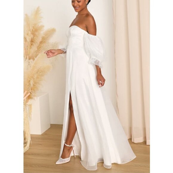 Lulu's Elegant White Off-Shoulder Wedding Dress - Picture 4 of 9